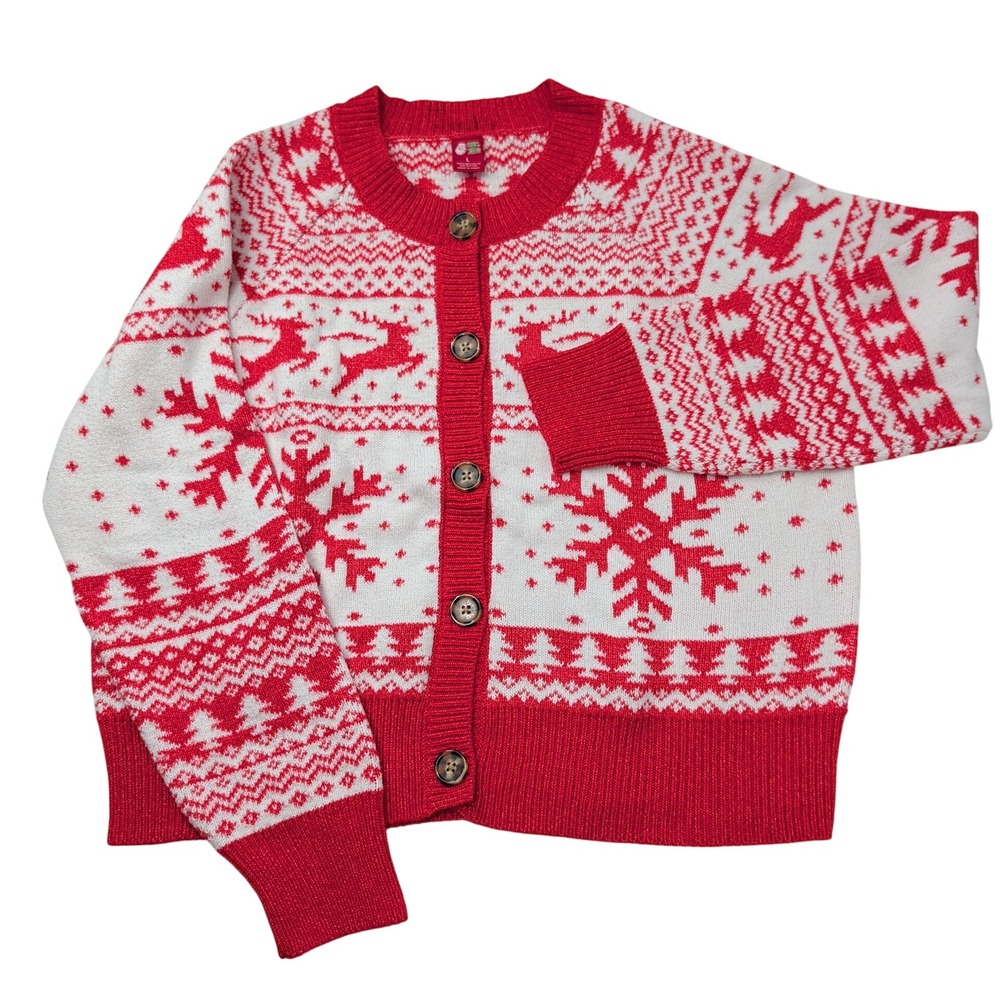 Dec 25th Womens Christmas Fair Isle Cardigan Sweater Red White Reindeer Large